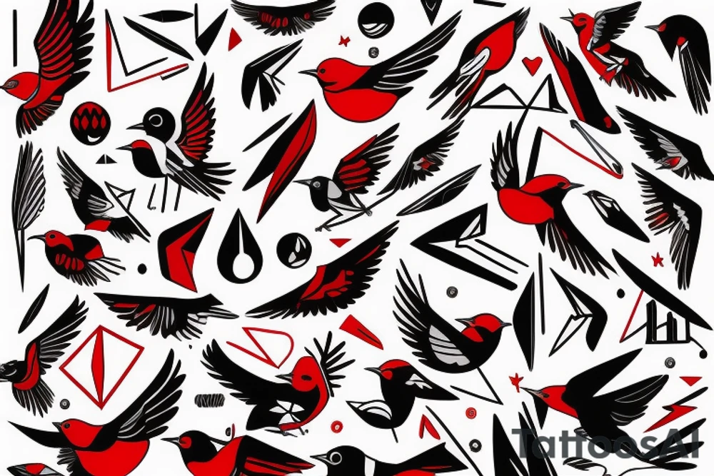 geometric abstract style robin bird mid-flight with spread wings, dynamic, small amount of red accent tattoo idea