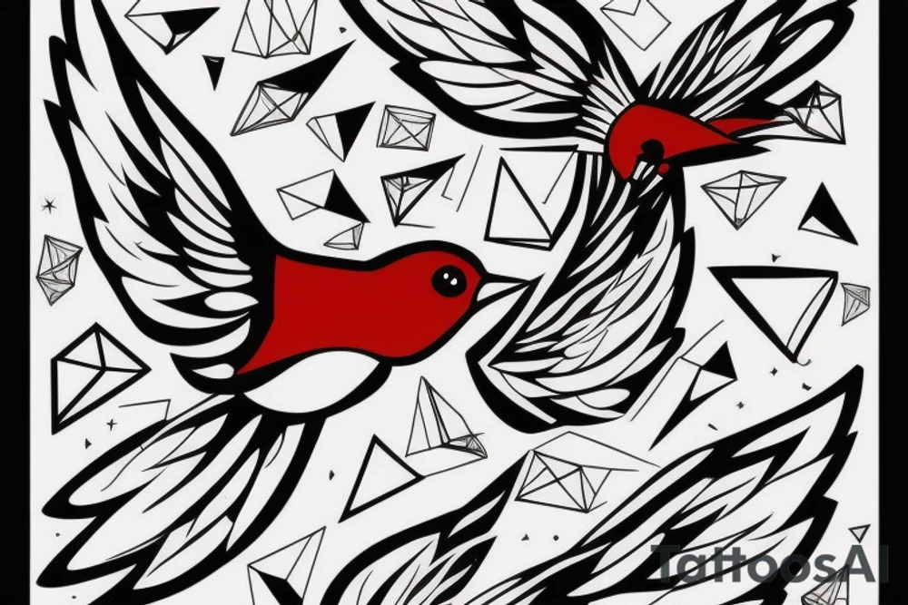 geometric abstract style robin bird mid-flight with spread wings, dynamic, small amount of red accent tattoo idea