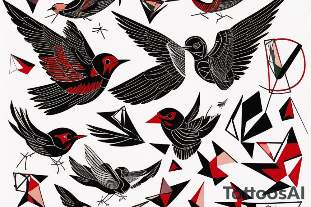 geometric abstract style robin bird mid-flight with spread wings, dynamic, small amount of red accent tattoo idea