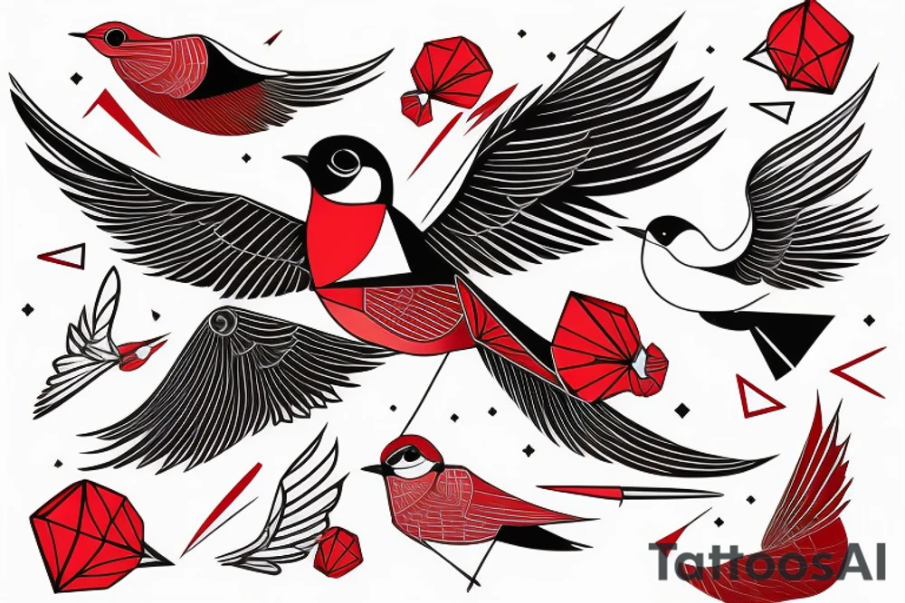 geometric abstract style robin bird mid-flight with spread wings, dynamic, small amount of red accent tattoo idea