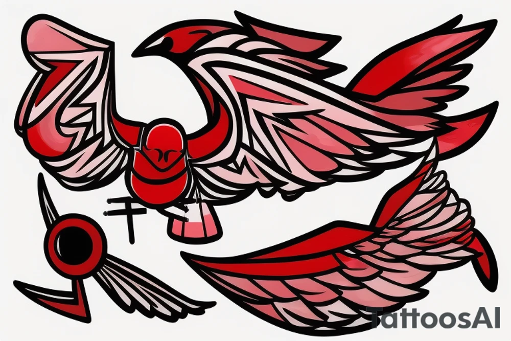 geometric abstract style robin bird mid-flight with spread wings, dynamic, small amount of red accent tattoo idea