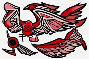 geometric abstract style robin bird mid-flight with spread wings, dynamic, small amount of red accent tattoo idea