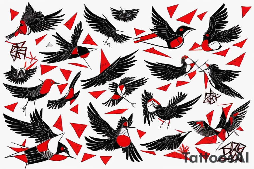 geometric abstract style robin bird mid-flight with spread wings, dynamic, small amount of red accent tattoo idea