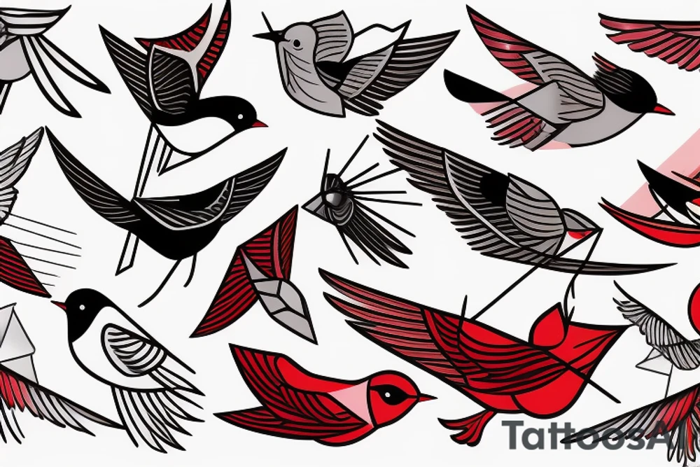 geometric abstract style robin bird mid-flight with spread wings, dynamic, small amount of red accent tattoo idea