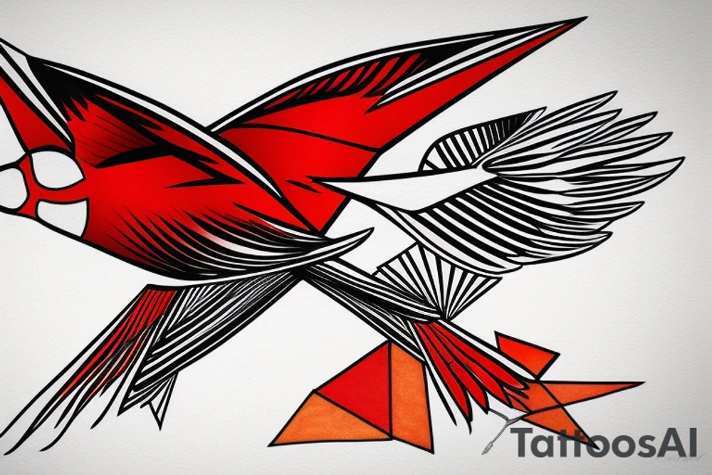 geometric abstract style robin bird mid-flight with spread wings, dynamic, small amount of red accent tattoo idea