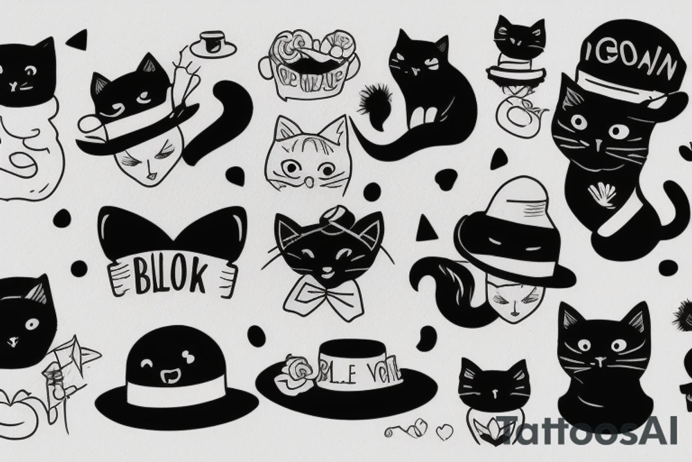 black cat in a funny hat and a sweater tattoo idea