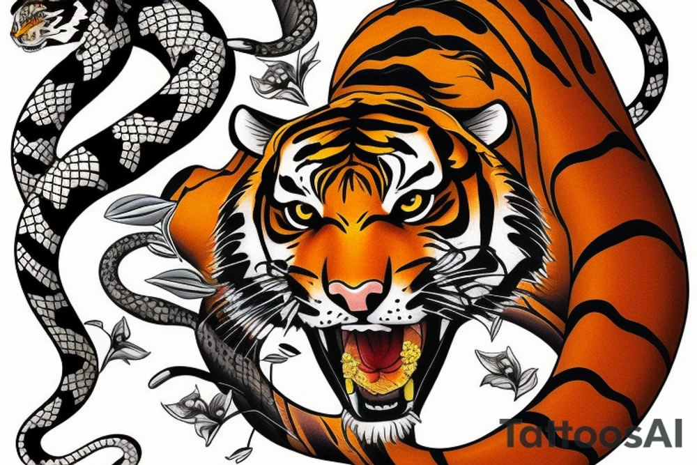 tiger fight with snakes, flowers, tattoo idea