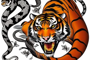 tiger fight with snakes, flowers, tattoo idea