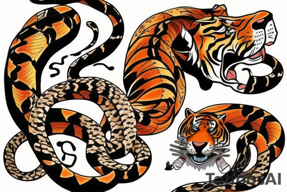 tiger fight with snakes, flowers, tattoo idea