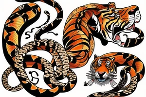 tiger fight with snakes, flowers, tattoo idea
