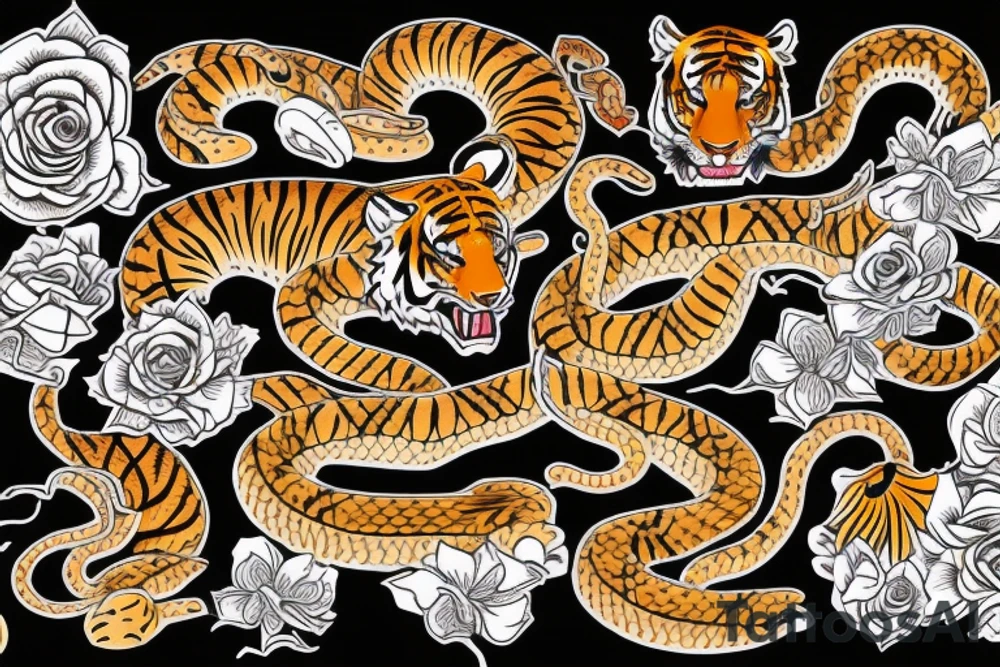 tiger fight with snakes, flowers, tattoo idea