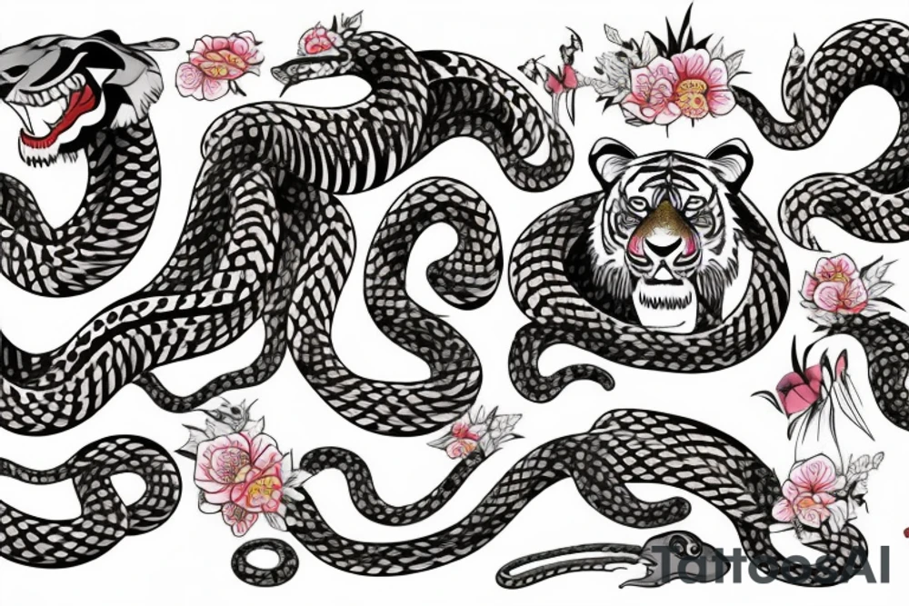 tiger fight with snakes, flowers, tattoo idea