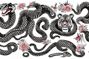 tiger fight with snakes, flowers, tattoo idea