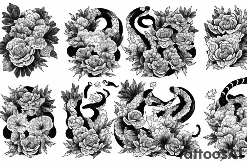 tiger, snake, flowers, peonies tattoo idea