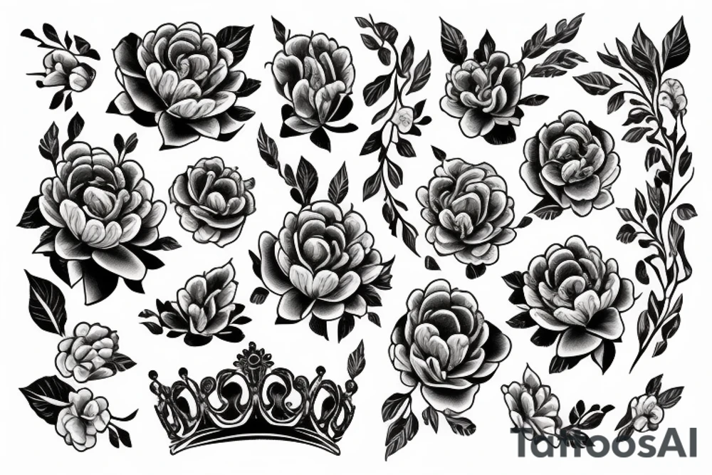 crown and peonieson background tattoo idea