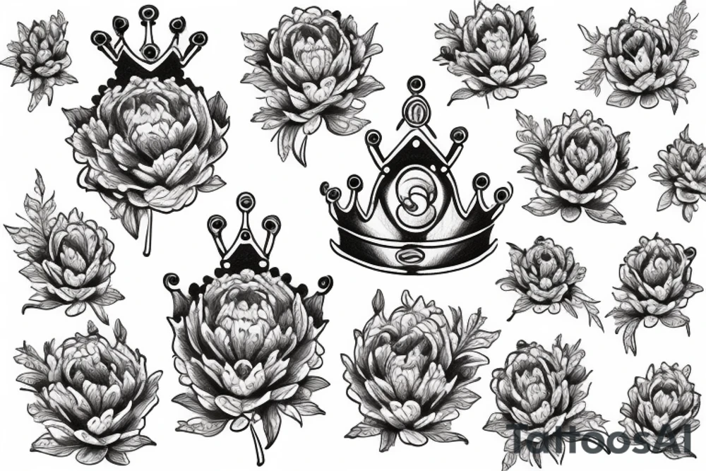 crown and peonieson background tattoo idea