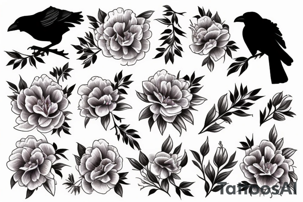 crow and peonieson background tattoo idea