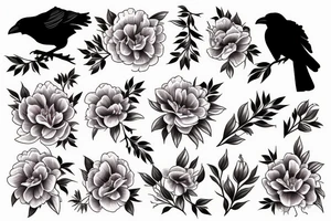 crow and peonieson background tattoo idea