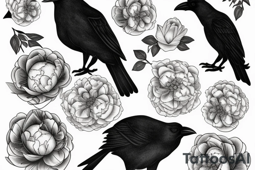 A crow with peonies tattoo idea