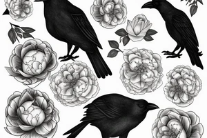 A crow with peonies tattoo idea
