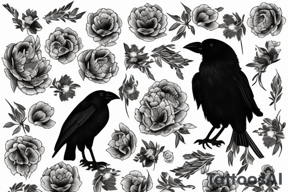 A crow with peonies tattoo idea