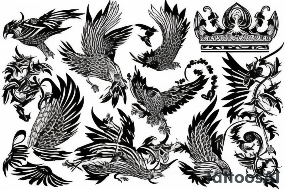 the art of flying birds, crown and tiger tattoo idea