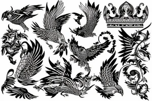 the art of flying birds, crown and tiger tattoo idea