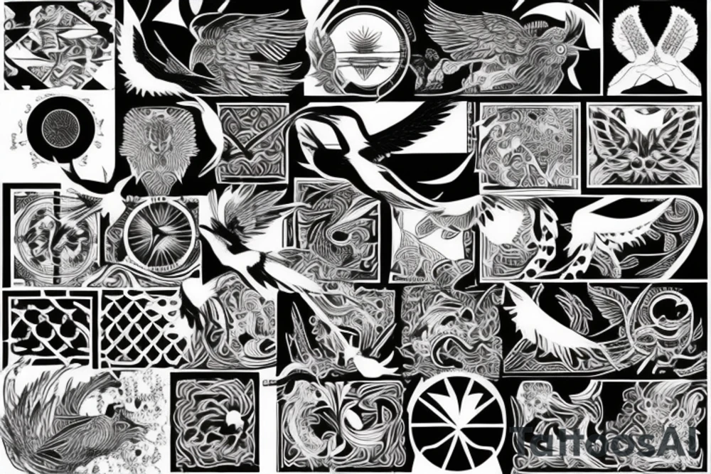 the art of flying birds, crown and tiger tattoo idea