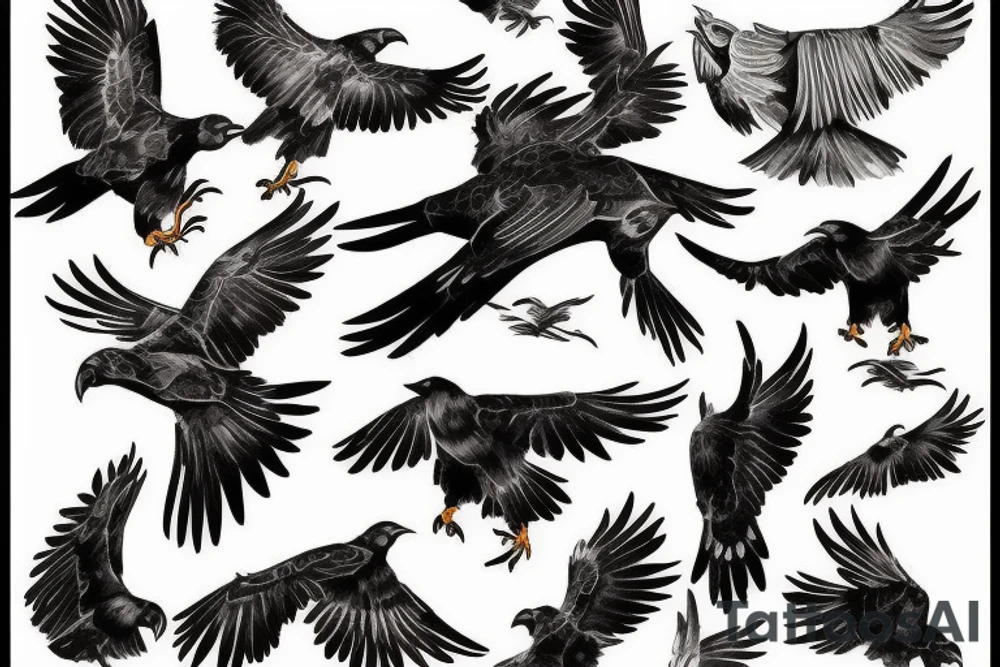 the art of flying birds, crow and tiger tattoo idea