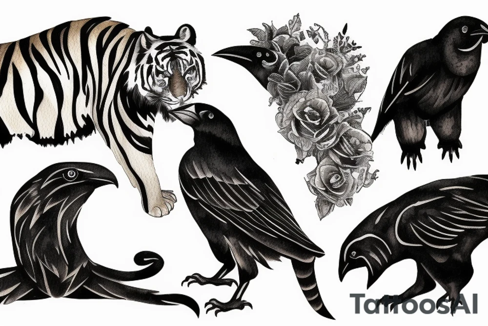 crow with tiger in one composition tattoo idea