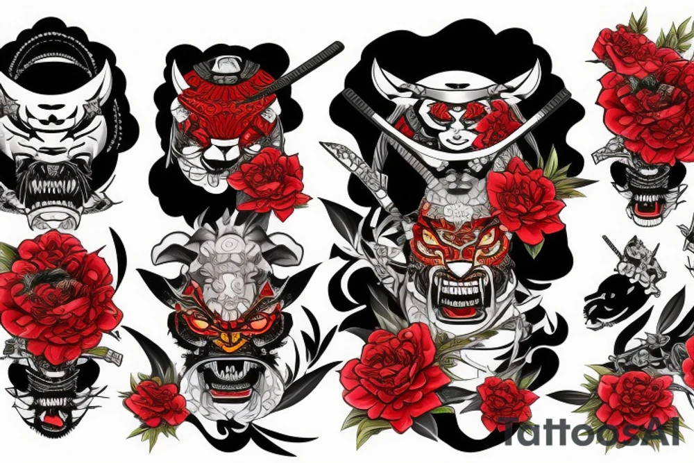 katana samurai hannya flowers blood tiger lights crow tattoo idea
