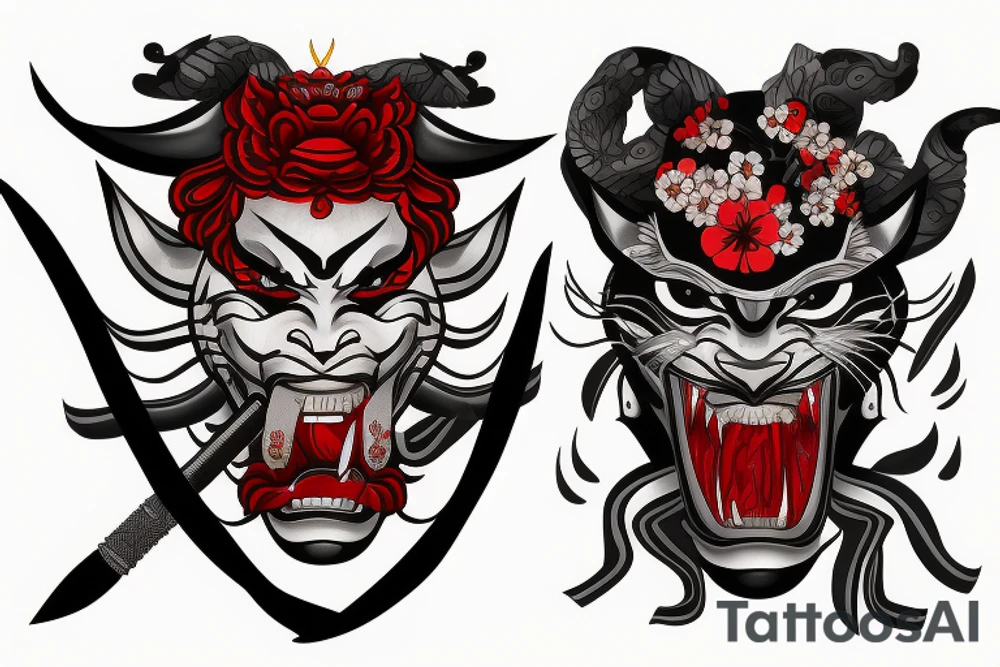 katana samurai hannya flowers blood tiger lights crow tattoo idea