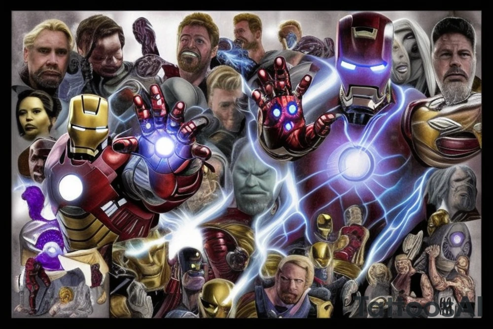 A marvel Themed with iron man being the centre with captain America hulk and Thor around him and then thanos with the infinity gauntlet on the other side I would like them all to be in black and Grey but have the infinity stones in colour and also have smoke going around them with hints of purple and blues tattoo idea