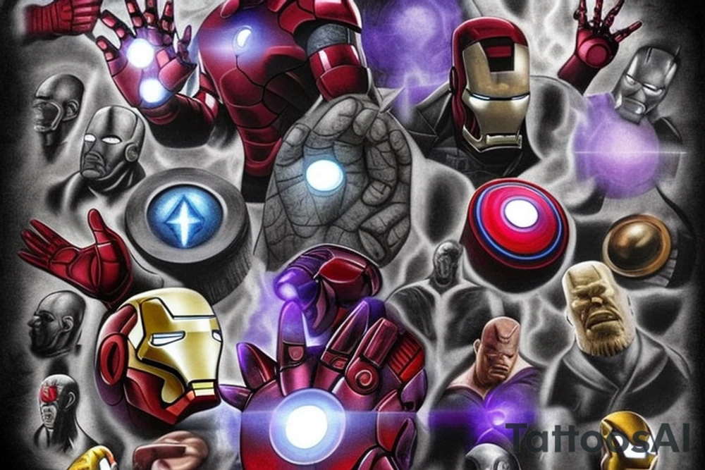 A marvel Themed with iron man being the centre with captain America hulk and Thor around him and then thanos with the infinity gauntlet on the other side I would like them all to be in black and Grey but have the infinity stones in colour and also have smoke going around them with hints of purple and blues tattoo idea
