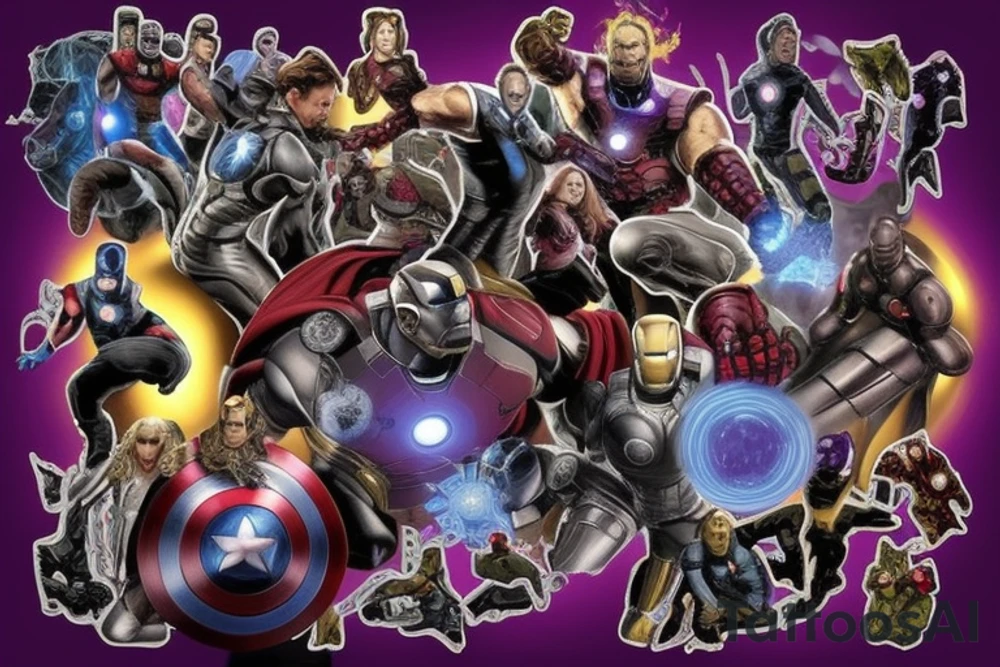 A marvel Themed with iron man being the centre with captain America hulk and Thor around him and then thanos with the infinity gauntlet on the other side I would like them all to be in black and Grey but have the infinity stones in colour and also have smoke going around them with hints of purple and blues tattoo idea