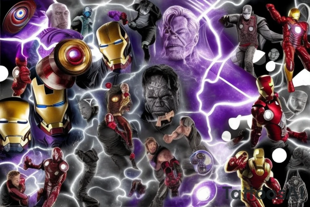A marvel Themed with iron man being the centre with captain America hulk and Thor around him and then thanos with the infinity gauntlet on the other side I would like them all to be in black and Grey but have the infinity stones in colour and also have smoke going around them with hints of purple and blues tattoo idea