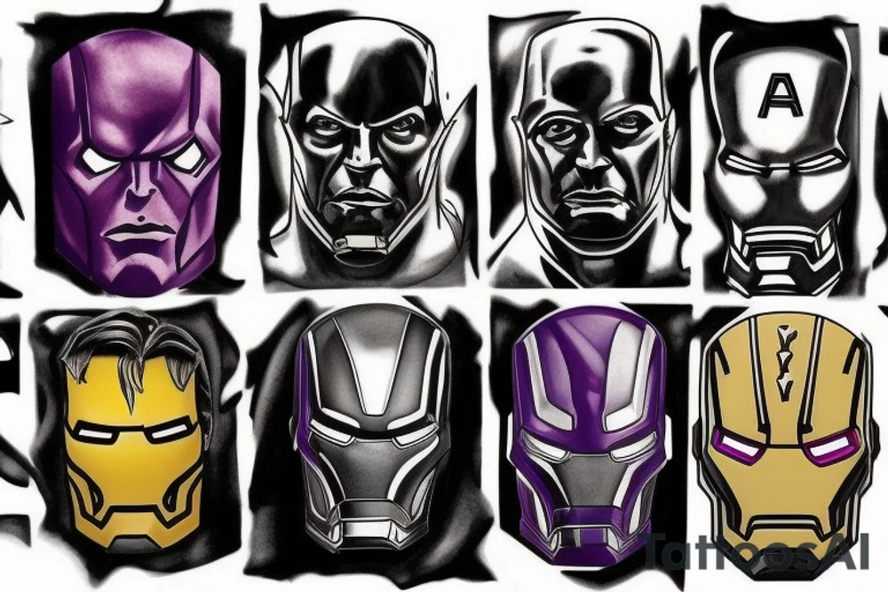 A marvel Themed with iron man being the centre with captain America hulk and Thor around him and then thanos with the infinity gauntlet on the other side I would like them all to be in black and Grey but have the infinity stones in colour tattoo idea