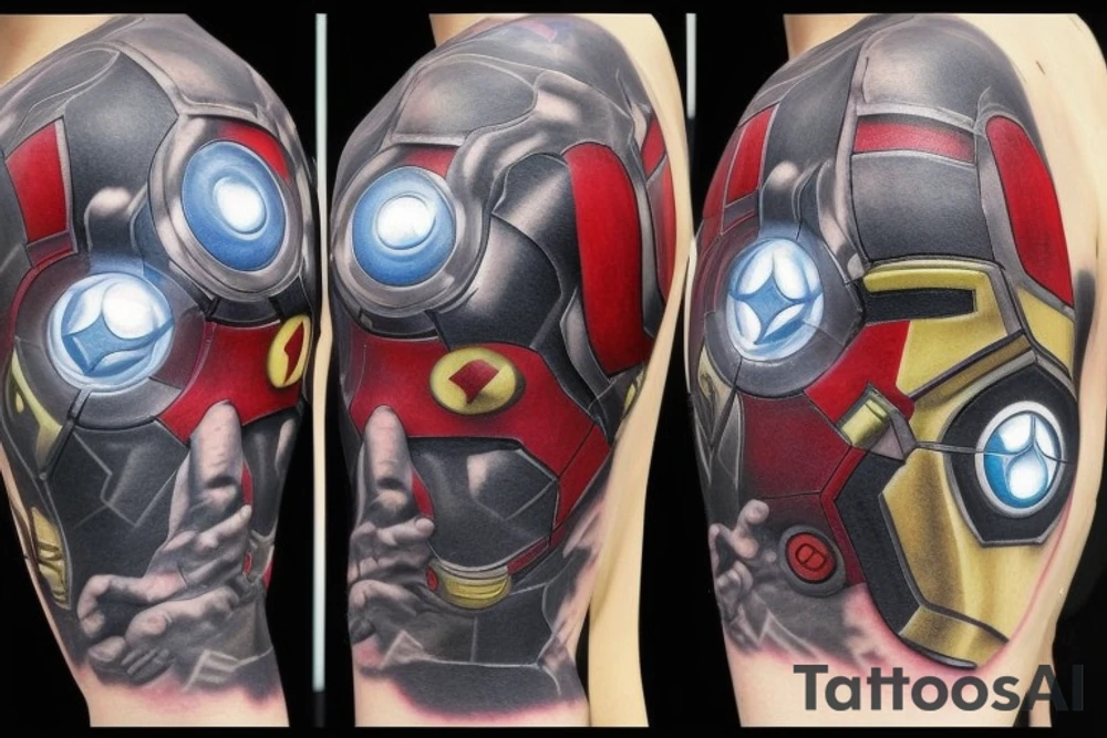 A marvel Themed with iron man being the centre with captain America hulk and Thor around him and then thanos with the infinity gauntlet on the other side I would like them all to be in black and Grey but have the infinity stones in colour tattoo idea