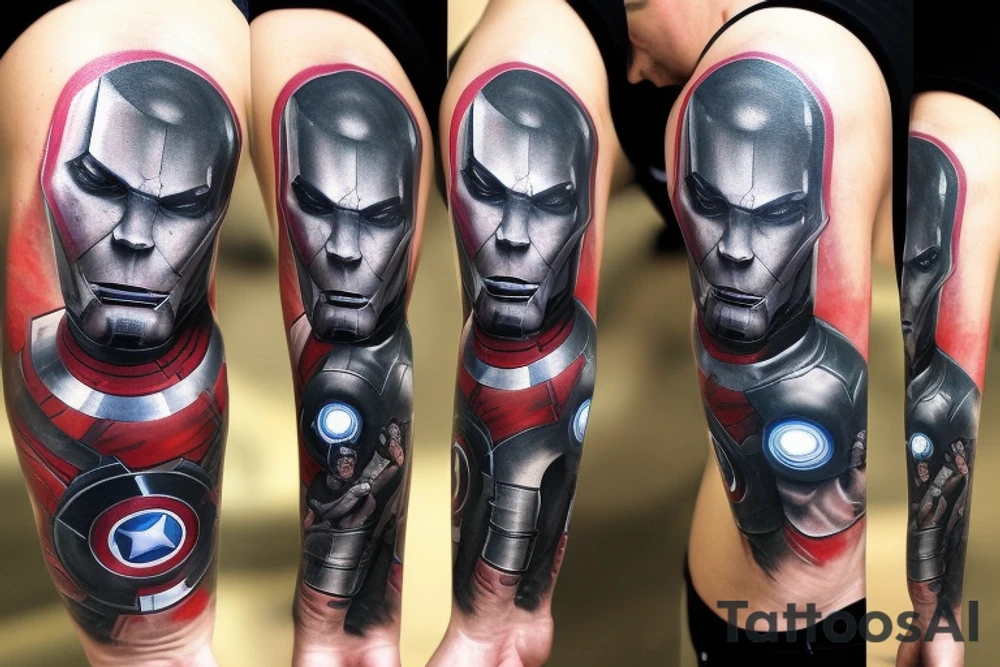 A marvel Themed with iron man being the centre with captain America, hulk, and Thor around him and then thanos with the infinity gauntlet on the other side I would like them all to be in black and Grey but have the infinity stones in colour tattoo idea