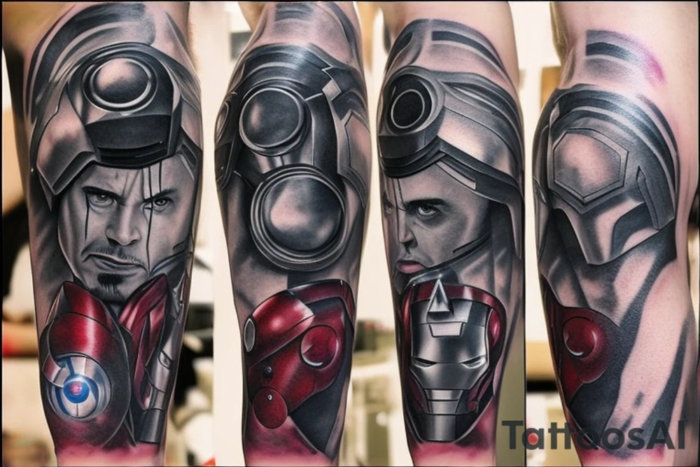 A marvel Themed with iron man being the centre with captain America, hulk, and Thor around him and then thanos with the infinity gauntlet on the other side I would like them all to be in black and Grey but have the infinity stones in colour tattoo idea