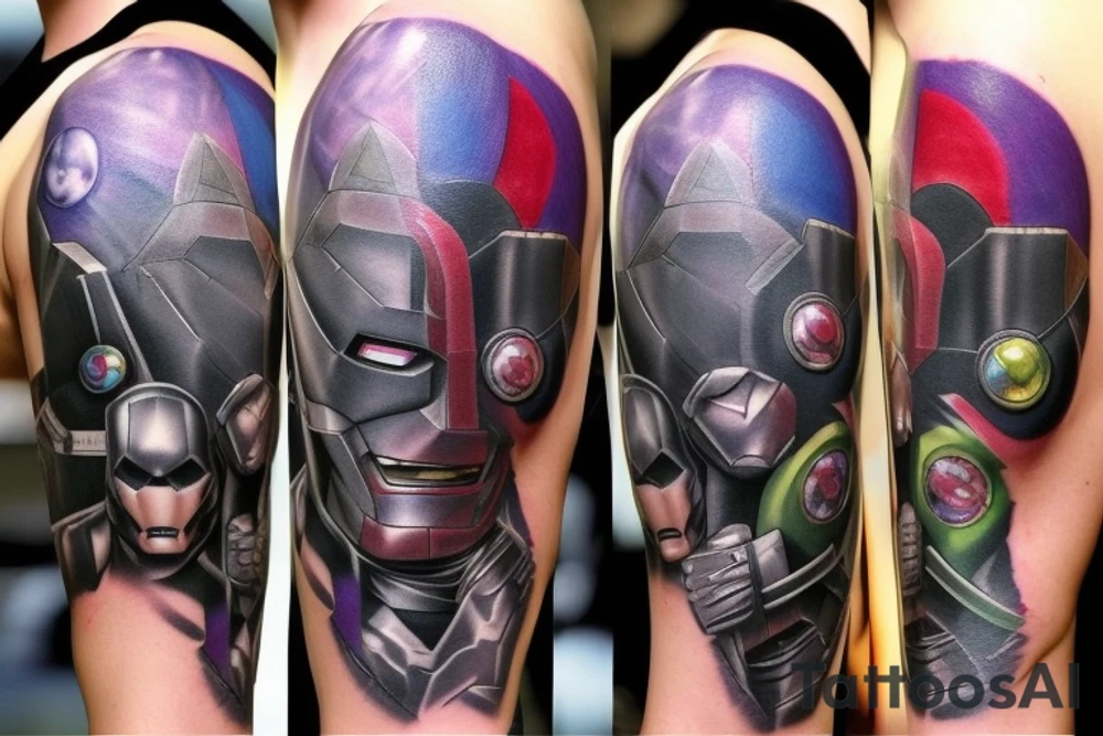 A marvel Themed with iron man, captain America, hulk, and Thor around him and then thanos with the infinity gauntlet on the other side I would like them all to be in black and Grey but have the infinity stones in colour tattoo idea