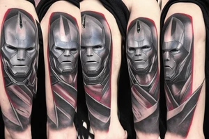 iron man, captain America, hulk, and Thor around him and then thanos with the infinity gauntlet on the other side I would like them all to be in black and Grey but have the infinity stones in colour tattoo idea