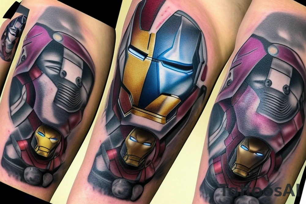 iron man, captain America, hulk, and Thor around him and then thanos with the infinity gauntlet on the other side I would like them all to be in black and Grey but have the infinity stones in colour tattoo idea
