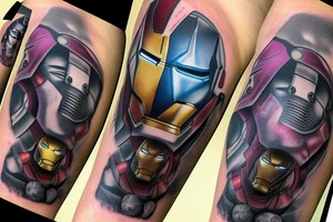 iron man, captain America, hulk, and Thor around him and then thanos with the infinity gauntlet on the other side I would like them all to be in black and Grey but have the infinity stones in colour tattoo idea
