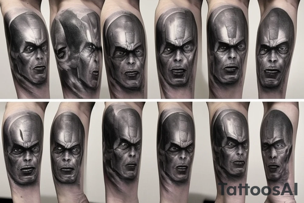 iron man, captain America, hulk, and Thor and then thanos with the infinity gauntlet on the other side I would like them all to be in black and Grey but have the infinity stones in colour tattoo idea