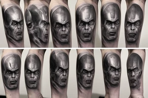 iron man, captain America, hulk, and Thor and then thanos with the infinity gauntlet on the other side I would like them all to be in black and Grey but have the infinity stones in colour tattoo idea