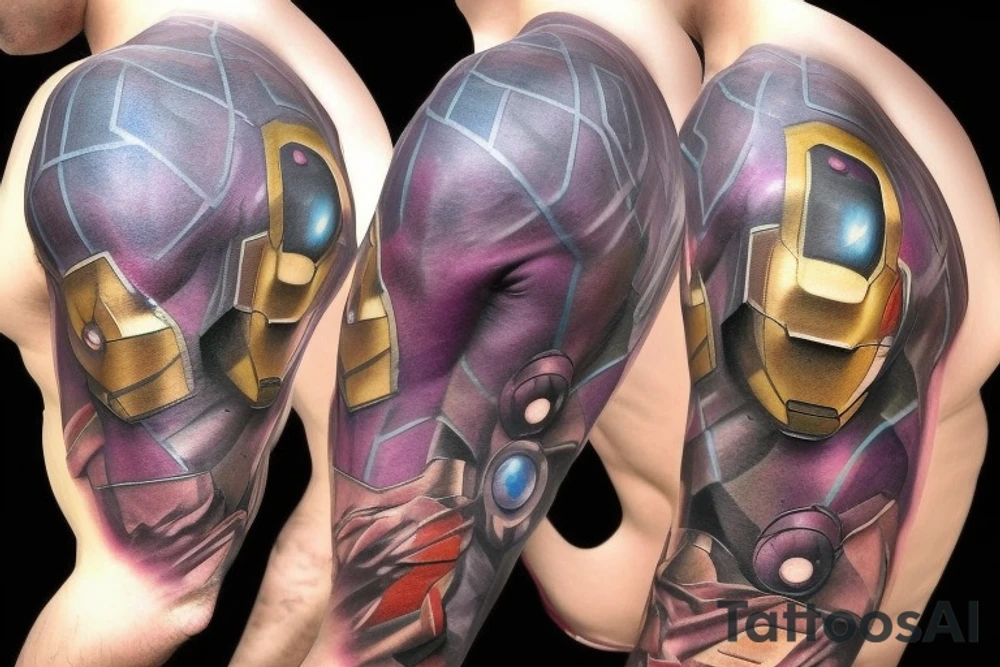 iron man, captain America, hulk, and Thor and then thanos with the infinity gauntlet on the other side I would like them all to be in black and Grey but have the infinity stones in colour tattoo idea