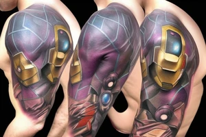 iron man, captain America, hulk, and Thor and then thanos with the infinity gauntlet on the other side I would like them all to be in black and Grey but have the infinity stones in colour tattoo idea