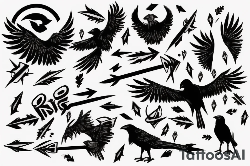 crow with white winds falling in darkness, dark street, raining cats and dogs, arrows hit the crow, it hurts, it falls tattoo idea