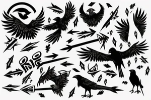 crow with white winds falling in darkness, dark street, raining cats and dogs, arrows hit the crow, it hurts, it falls tattoo idea